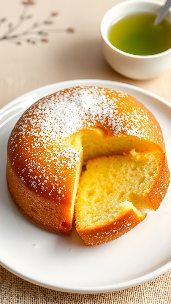 A slice of fluffy Bake No Hana, Japanese sweet potato cake, dusted with powdered sugar on a white plate with green tea.